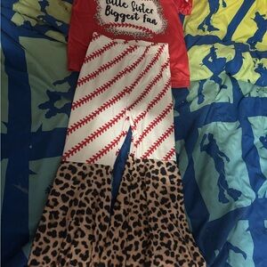Red and White Baseball Print Outfit with Leopard Flare Pants